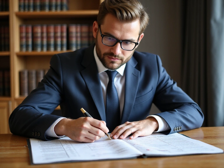 Jurist prüft Dokumente auf einem Schreibtisch